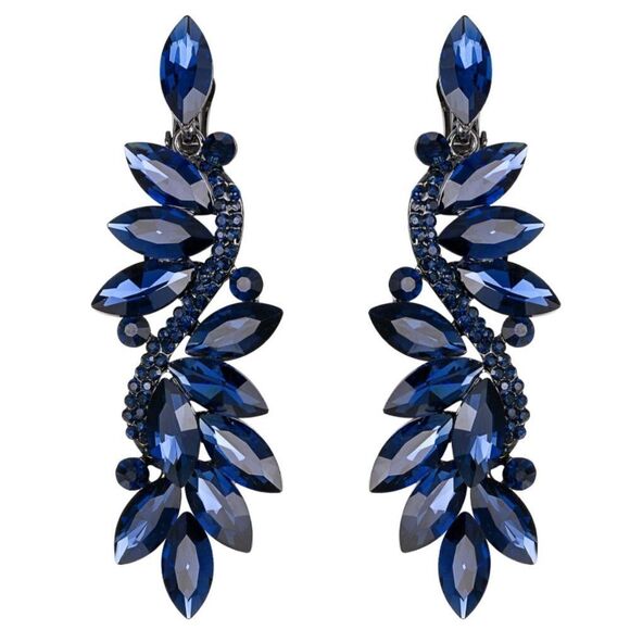 Gun Metal Black with Blue Sapphire Austrian Crystal Clip On Chandelier Earrings